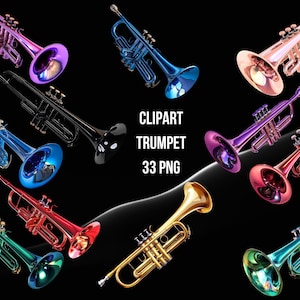 Colorful Trumpet Clipart Bundlz, Jazz Instrument Clipart, Music Band Illustration, Transparent Background, Instant Download Commercial Use