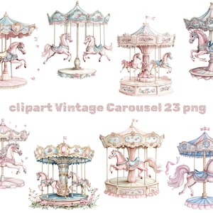 Vintage Carousel Clipart,Pastel Merry-Go-Round PNG,Baby Shower & Birthday Digital Art,Transparent Background,Instant Download,Commercial Use