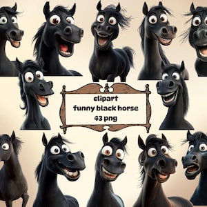 Funny Horse Clipart Bundle, Cartoon Black Horse PNG, Playful Animal Digital Download,Transparent Background, Instant Download Commercial Use