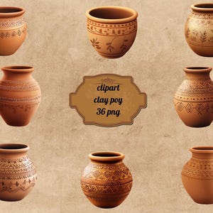 Puede incluir: Conjunto de diez macetas de barro marrón con varios patrones geométricos y florales. Las macetas son de diferentes tamaños y formas, y están dispuestas en fila sobre un fondo marrón.