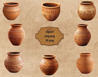 May include: Set of ten brown clay pots with various geometric and floral patterns. The pots are all different sizes and shapes, and they are arranged in a row on a brown background.
