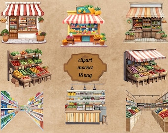 May include: A set of 18 digital clipart images of various market stalls and grocery stores. The images feature colorful fruits, vegetables, and other grocery items. The text "clipart market 18 png" is visible in the center of the image.