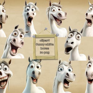 Funny Horse Clipart Bundle, White Cartoon Horse PNG, Digital White Horse, Transparent Background, Instant Download Commercial Use