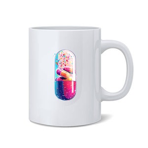 May include: White ceramic mug featuring a colourful illustration of a capsule filled with pills and a sprinkle of colourful dots.