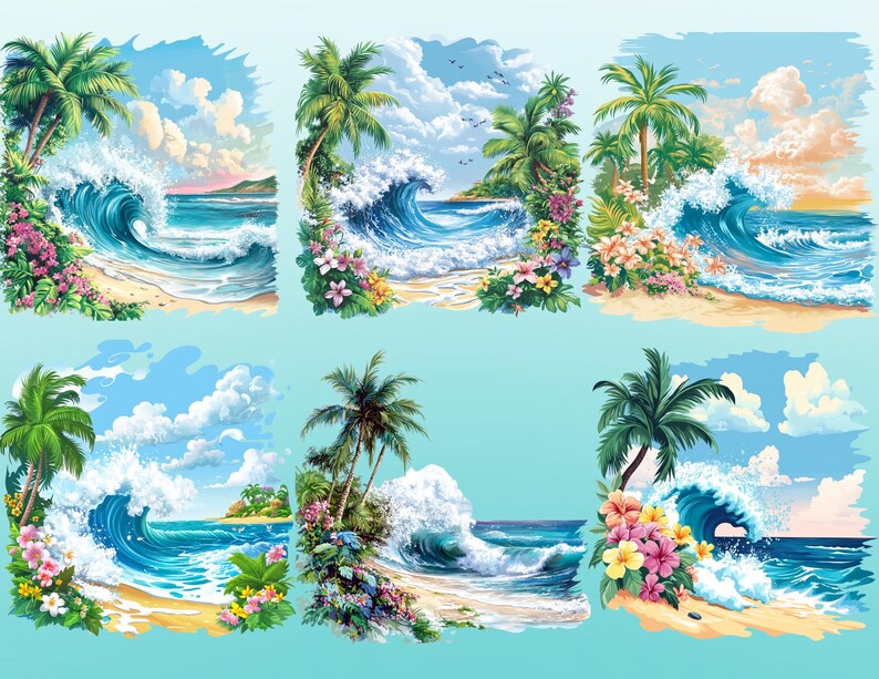 Tropical Beach Wave Clipart Bundle: Summer Ocean PNG (digital Download ...