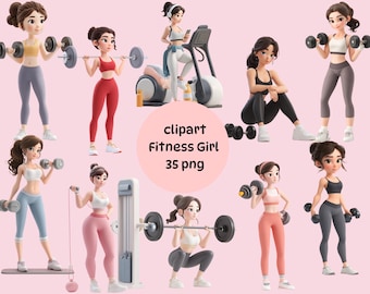 Fitness Girl Clipart Bundle: Workout Woman, Gym Training (Commercial Use, Instant Download PNGs)