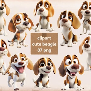 Cute Beagle Puppy Clipart Bundle, Cartoon Dog PNG, Happy Puppy Dog Bundle, Transparent Background, Instant Download, Commercial Use