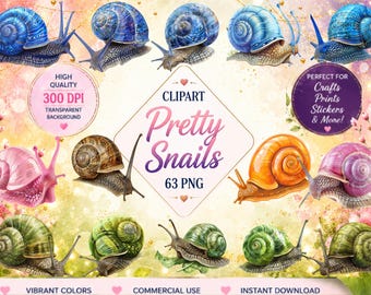 Colorful Snail Clipart Bundle | Pretty Snail   (Instant Download, Commercial Use, 63 PNG)