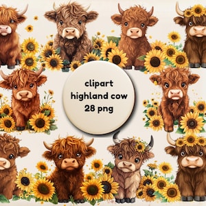 Highland Cow Clipart with Sunflowers, Farm Animals PNG, Digital Sunflower Cow, Instant Download Commercial Use, Transparent Background