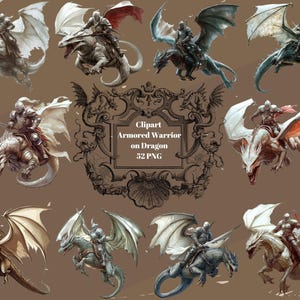 Armored Warrior On Dragon Clipart, fantasy illustration png, Digital dragon and rider,Transparent Background,Instant Download,Commercial Use