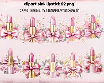 May include: A set of 22 pink lipstick illustrations with gold caps and bows. The lipsticks are surrounded by pink flowers and greenery. The background is transparent.
