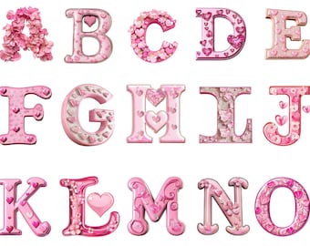Pink Floral Alphabet Clipart, Romantic Letters  (Commercial Use, Instant Download)