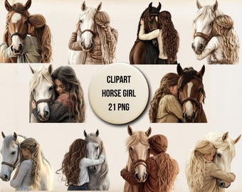 May include: A collection of digital art images featuring a person embracing a horse. The horses are depicted in various colors, including brown, white, and black. The images have a soft, painterly style, with a focus on the bond between the person and the horse. Text on the image reads "CLIPART HORSE GIRL 21 PNG".