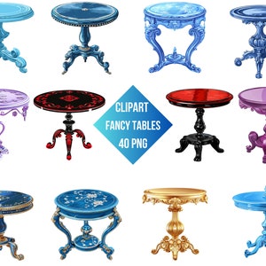 Può includere: Un set di dieci immagini clipart di tavoli decorativi ornati in vari colori, tra cui blu, rosso, viola e oro. I tavoli hanno disegni intricati e sono perfetti per aggiungere un tocco di eleganza a qualsiasi progetto di design.