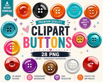 Whimsical Button Clipart Bundle | Scrapbook Decor (Commercial Use, Instant Download, 28 PNG)