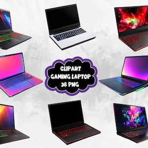 Pode incluir: Uma coleção de oito laptops de jogos diferentes com várias cores e designs. Os laptops têm caixas pretas, brancas e prateadas com teclados e telas coloridas. As telas exibem imagens diferentes, incluindo padrões abstratos, galáxias e gradientes coloridos. O texto "CLIPART GAMING LAPTOP 38 PNG" é exibido em uma nuvem de forma roxa.