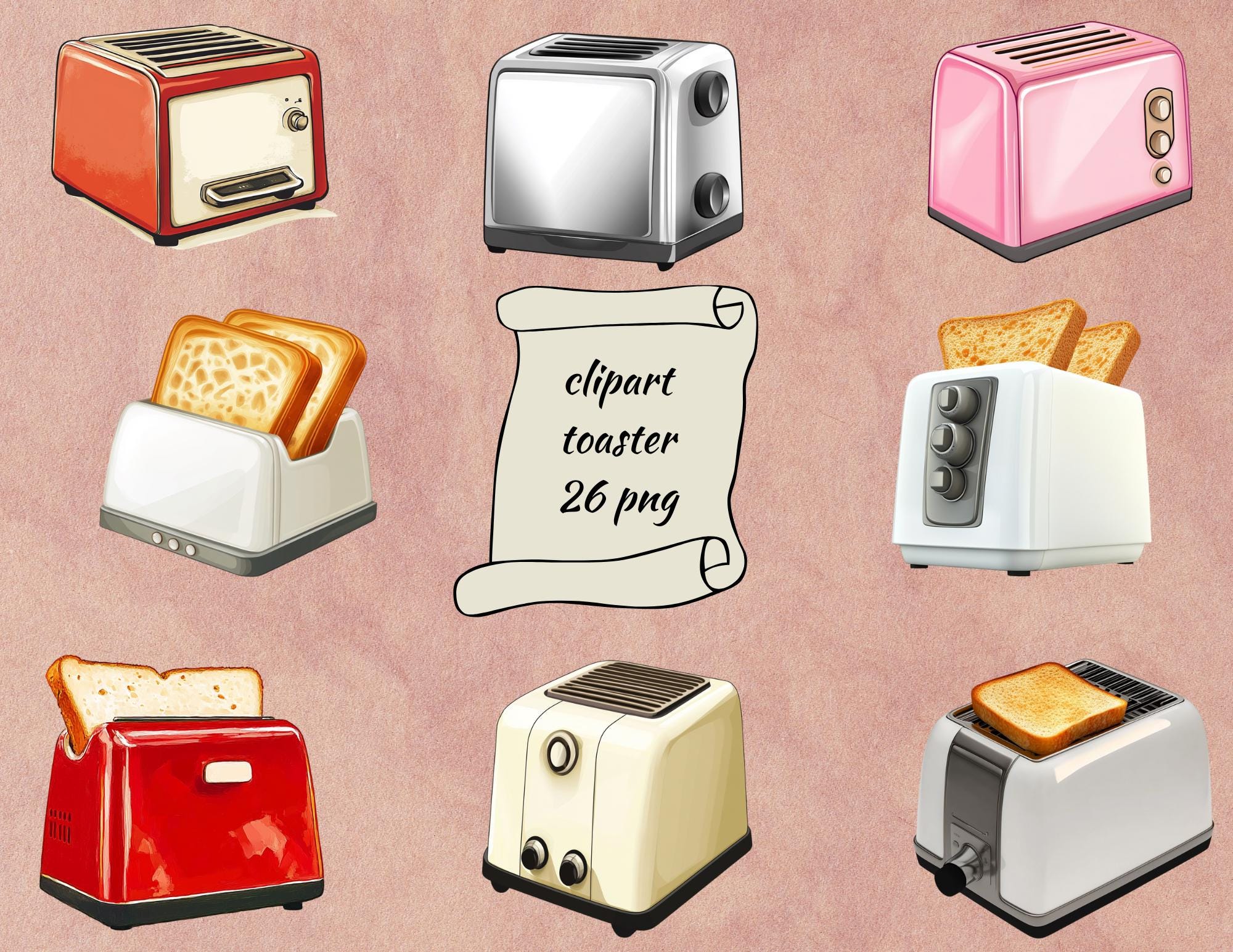 Toaster Clipart Bundle: Retro Modern Kitchen PNG (digital