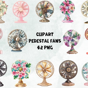 Pedestal Fan Clipart Bundle, Vintage Fan PNG, Digital Floral Fan Art, 42 PNG, Transparent Background Instant Download ,Commercial Use