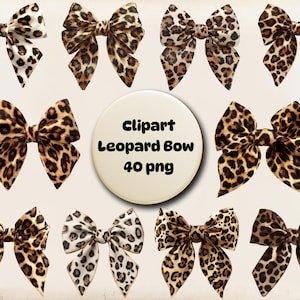 Paquete de imágenes prediseñadas de lazos de leopardo, lazos para el cabello de moda PNG, imágenes prediseñadas de estampado animal, descarga instantánea, uso comercial, fondo transparente