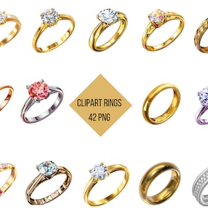 May include: A collection of 12 gold, silver, and platinum engagement rings with various gemstones, including diamonds, rubies, and sapphires. The rings are set against a white background. CLIPART RINGS 42 PNG.