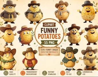 Funny Cowboy Potato Clipart, 55 PNG Images (Commercial Use, Instant Download)