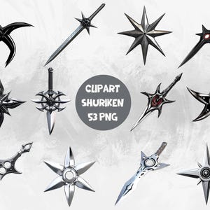 May include: A set of 10 silver and black shuriken, or throwing stars, with various designs. The shuriken are isolated on a white background.