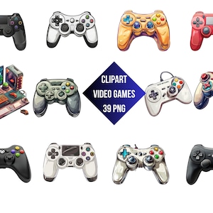 Peut inclure: Une collection de 10 manettes de jeu vidéo différentes dans diverses couleurs et styles, y compris le noir, le blanc, le rouge et le jaune. Les manettes sont toutes dans un style cartoon et sont parfaites pour une utilisation dans des designs sur le thème des jeux vidéo.