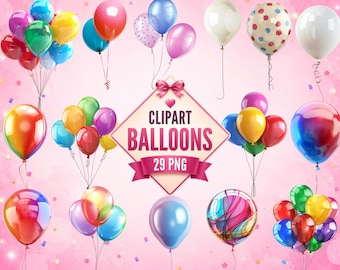 May include: A collection of colorful balloons in various shades including red, blue, yellow, green, purple, and white, featuring solid, polka-dot, and marbled patterns. A central diamond-shaped sign displays the text CLIPART BALLOONS 29 PNG.