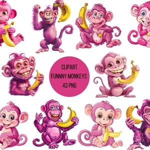 May include: A set of 9 cartoon pink monkeys holding yellow bananas. The monkeys are in various poses and expressions. The image is labeled "Clipart Funny Monkeys 43 PNG".