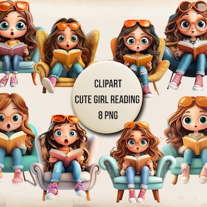 Cute Girl Reading Clipart, Cartoon Girl with Book PNG, Teacher Classroom Decor,Transparent Background, Instant Download, Commercial Use