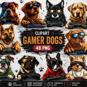 Gamer Dogs Clipart Bundle | 48 Gaming PNGs (Commercial Use, Instant Download)