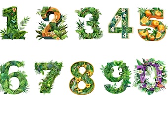 Tropische Zahlen Clipart, Dschungel Zahl PNG, exotische Blatt Zahlen, botanische Clipart 0-9, Safari Party Dekor, 10 PNG-Dateien, Sofort Download