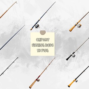 May include: A set of 7 different fishing rods with reels. The rods are various colors, including brown, blue, and yellow. The reels are black and silver. The image includes the text "Clipart Fishing Rods 53 PNG".