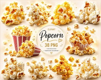 May include: A collection of popcorn kernels and clusters, including two red and white striped containers filled with popcorn. The central circular graphic features the text: CLIPART Popcorn 38 PNG HIGH RESOLUTION TRANSPARENT BACKGROUND.