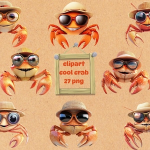 Coole Krabbe Clipart, Strand Krabbe PNG, Sommer Ozean digitaler Download, digitale lustige Krabbe, transparenten Hintergrund, sofortiger Download kommerzielle Nutzung