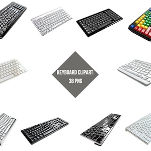 Può includere: Una collezione di 10 diversi design di tastiera, tra cui tastiere nere, bianche e argentate. Le tastiere sono disposte in un cerchio attorno al testo "KEYBOARD CLIPART 38 PNG".