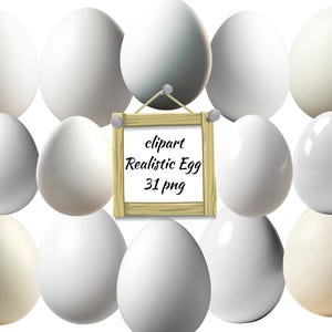 Può includere: Una collezione di quindici immagini clipart di uova realistiche in varie tonalità di bianco e crema. Un piccolo cartello di legno con il testo "clipart Realistic Egg 31 png" è appeso al centro dell'immagine.