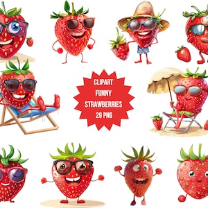 Funny Strawberry Clipart, Cute Summer Fruit PNG Bundle, Digital Strawberry Characters,Transparent Background,Instant Download Commercial Use