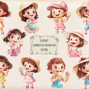 Summer Ice Cream Kids Clipart, Cute Children Eating Ice Cream PNG, Summer Stickers, Instant Download, Transparent Background, Commercial Use