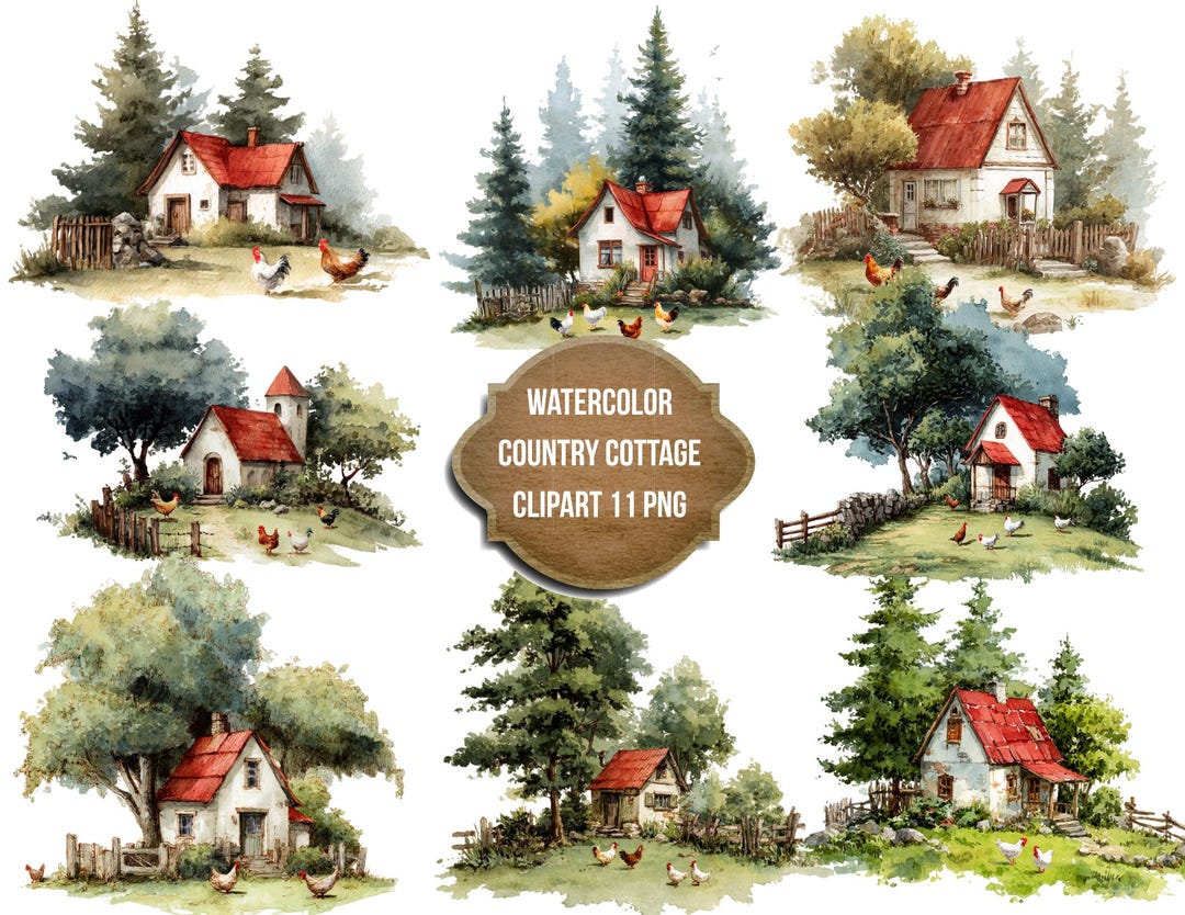 Watercolor Country Cottage Clipart Set, Red Roof Farmhouse With ...
