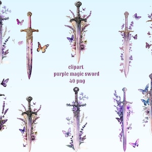 Puede incluir: Clipart de espada mágica púrpura con acentos florales. Las espadas están decoradas con flores moradas, hojas y mariposas. El fondo es azul claro.
