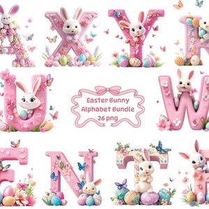 Clipart del alfabeto de conejo de Pascua, conjunto de letras de conejo de primavera, paquete de letras de conejo PNG, fondo transparente, descarga instantánea para uso comercial