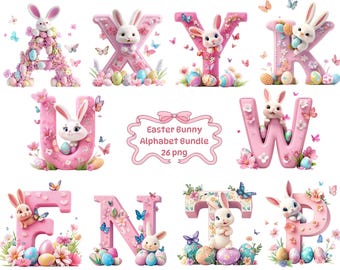 Easter Bunny Alphabet Clipart: Spring Letter Set (PNG, Commercial Use)