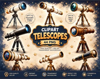 Telescoop clipartbundel, vintage en moderne astronomie PNG (commercieel gebruik, Instant Download 44 PNG)