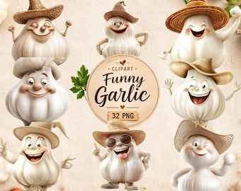 Funny Garlic Clipart Bundle, Adorable Vegetables 32 PNG (Commercial Use, Instant Download)