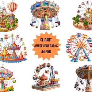 Amusement Park Clipart Bundle, Carnival Rides PNG, Digital Print Amusement Parks, Colorful Carnival Set Instant Download Commercial Use