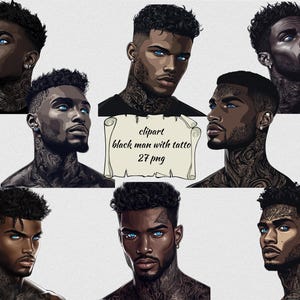 Tätowierte schwarze Männer Clipart Bundle, blaue Augen PNG, gut aussehend Afro männlich Porträt, transparenten Hintergrund, sofortiger Download, kommerzielle Nutzung