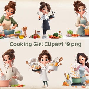 Cute Cooking Girl Clipart Bundle, Cartoon Chef PNGs, Kitchen Clip Art Decor, Instant Download, Commercial Use, Transparent Background