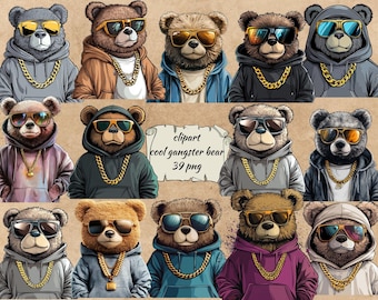 Gangster Bear Clipart: Hip-Hop PNG, Urban Streetwear Art (Commercial Use)