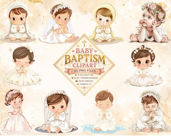 May include: A collection of digital illustrations featuring babies in white baptismal attire, including dresses, veils, and floral headpieces. The central diamond-shaped emblem displays the text BABY BAPTISM CLIPART 25 PNG FILES.
